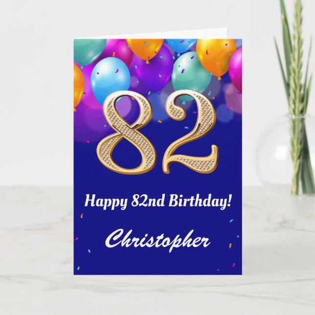 Carte 82e anniversaire Ballons bleu et or couleur marine (Devant)