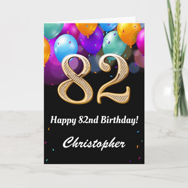 Carte 82e anniversaire Ballons noirs et dorés (Devant)