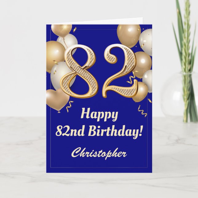 Carte 82e anniversaire Marine Bleu et Ballons d'or Confe (Devant)