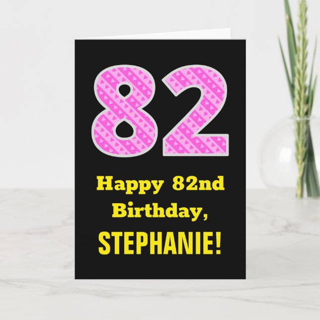 Carte 82e anniversaire : Pink Stripes and Hearts "82" +  (Devant)