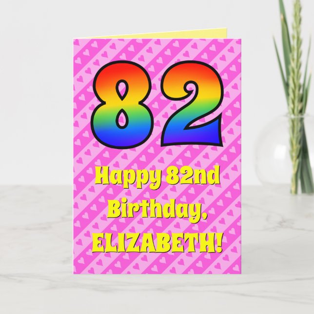 Carte 82e anniversaire : Pink Stripes & Hearts, Arc en c (Devant)