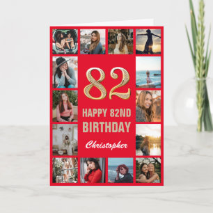 Carte 82e Joyeux Anniversaire Collage photo rouge et or