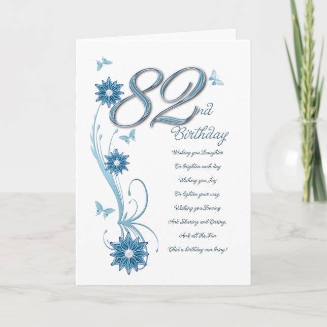 Carte 82ème anniversaire en turquoise avec fleurs et pap (Devant)