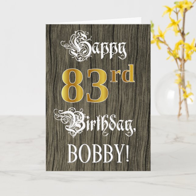 Carte 83e anniversaire : Faux Gold Look + Faux Wood Moti (Fleur jaune)