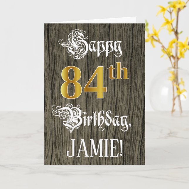 Carte 84e anniversaire : Faux Gold Look + Faux Wood Moti (Fleur jaune)