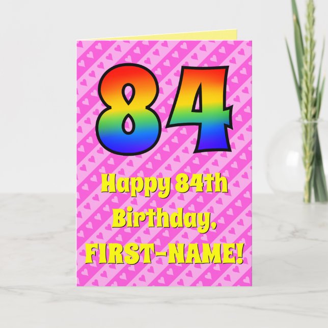 Carte 84e anniversaire : Pink Stripes & Hearts, Arc en c (Devant)