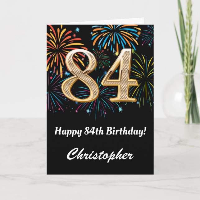 Carte 84e anniversaire Rainbow Fireworks noir et or (Devant)