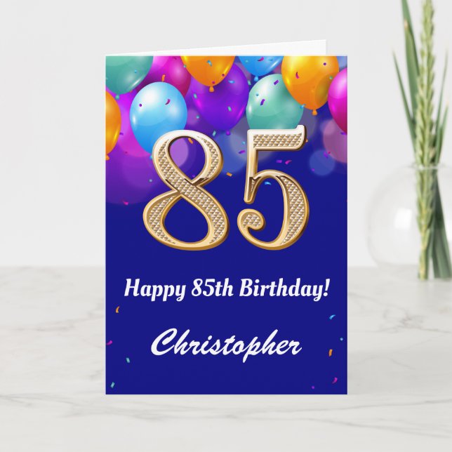 Carte 85e anniversaire Ballons bleu et or couleur marine (Devant)