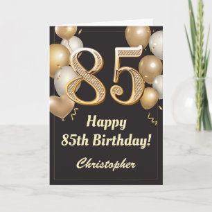 Carte 85e anniversaire Ballons Noir et Or Confetti