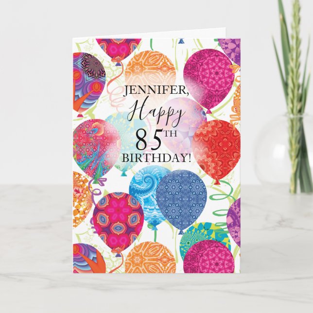Carte 85e anniversaire Ballons rose orange turquoise (Devant)
