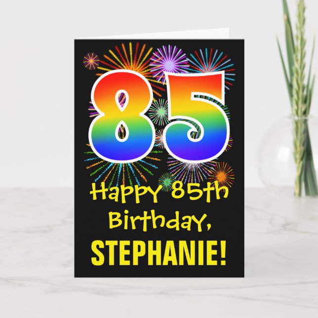 Carte 85e anniversaire : motif de feux d'artifice amusan (Devant)