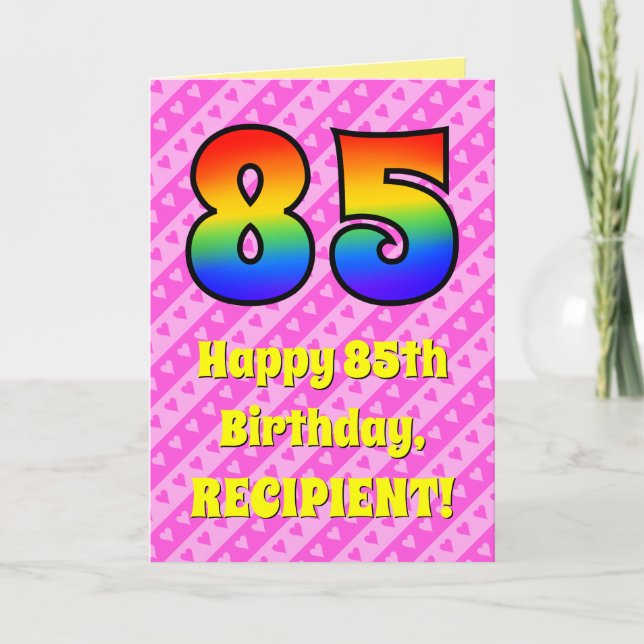 Carte 85e anniversaire : Pink Stripes & Hearts, Arc en c (Devant)