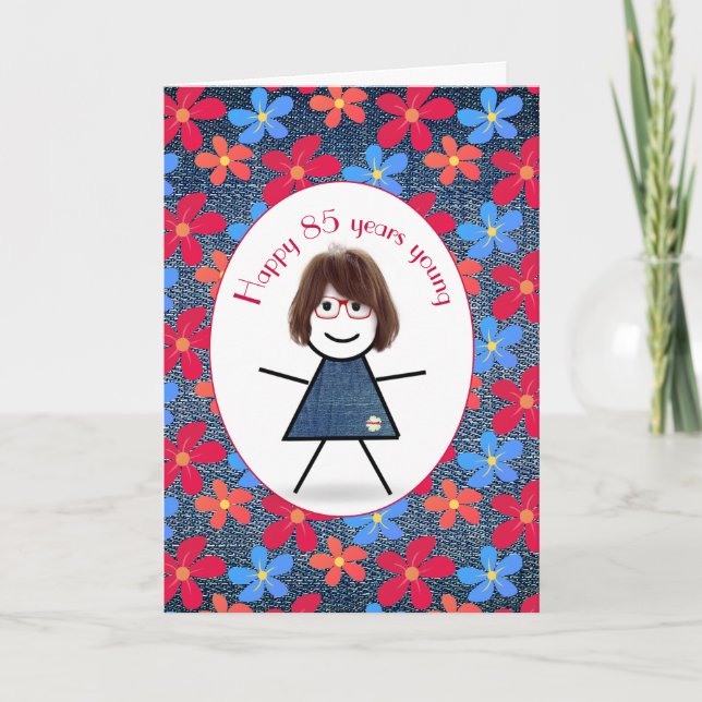 Carte 85e Anniversaire Stick Girl and Daisies On Denim (Devant)