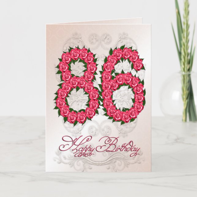 Carte 86e anniversaire avec roses et feuilles (Devant)