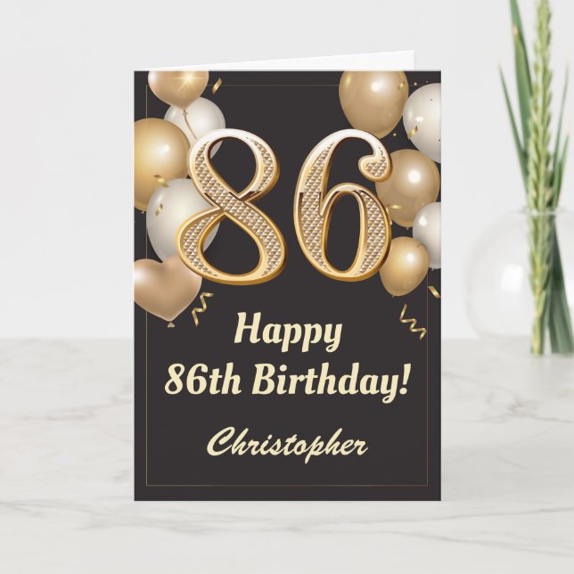 Carte 86e anniversaire Ballons Noir et Or Confetti (Devant)