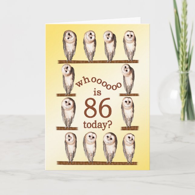 Carte 86e anniversaire, Curious owls card. (Devant)