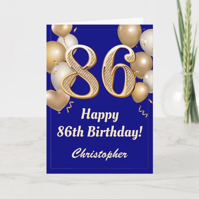 Carte 86e anniversaire Marine Bleu et Ballons d'or Confe (Devant)