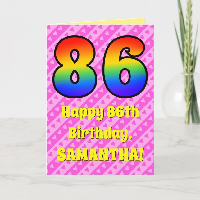 Carte 86e anniversaire : Pink Stripes & Hearts, Arc en c (Devant)