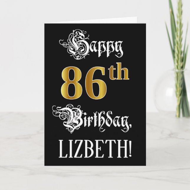 Carte 86e anniversaire — Script fantaisie; look or Faux; (Devant)