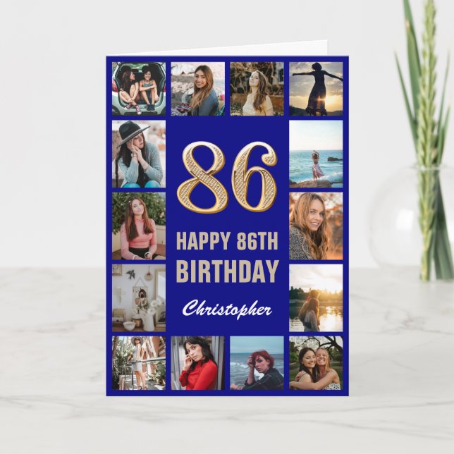 Carte 86e Joyeux Anniversaire Marine Bleu & Gold Photo C (Devant)
