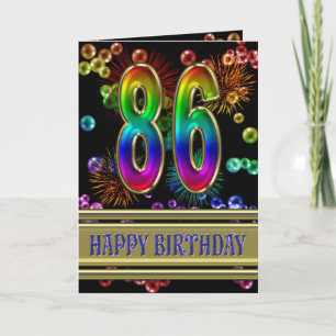 Carte 86ème anniversaire avec bulles arc-en-ciel et feux
