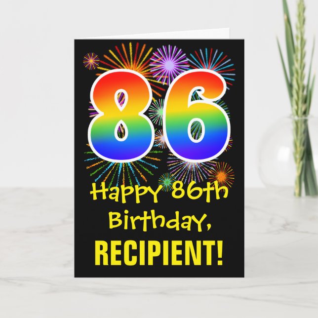 Carte 86ème anniversaire : Fun Fireworks Motif + Rainbow (Devant)