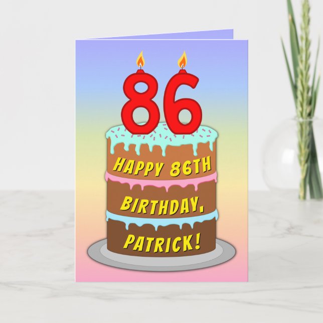 Carte 86th Birthday — Fun Cake & Candles, w/ Custom Name (Devant)