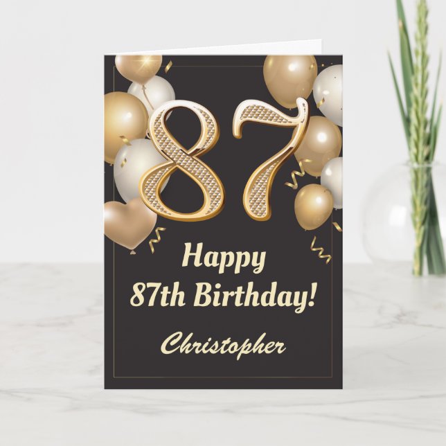 Carte 87e anniversaire Ballons Noir et Or Confetti (Devant)
