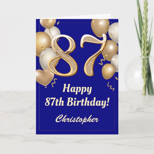 Carte 87e anniversaire Marine Bleu et Ballons d'or Confe (Devant)