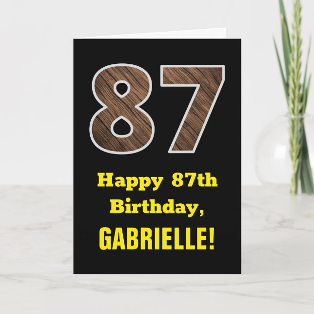 Carte 87e anniversaire : Nom, Motif Faux Wood Grain "87" (Devant)