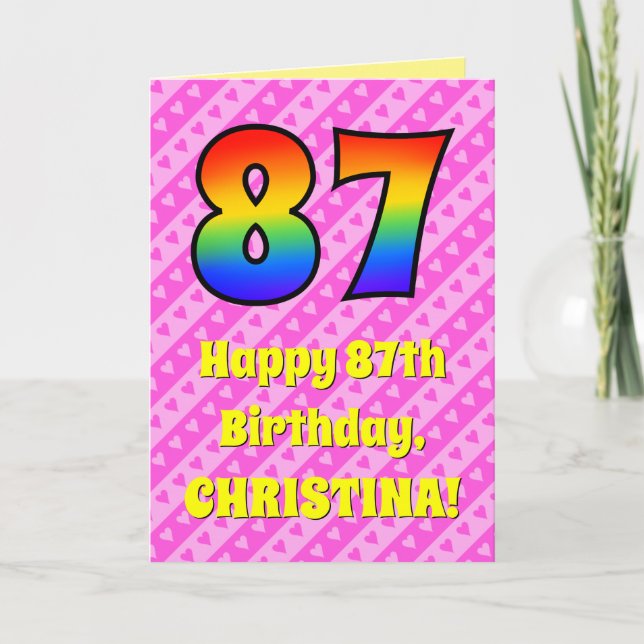 Carte 87e anniversaire : Pink Stripes & Hearts, Arc en c (Devant)