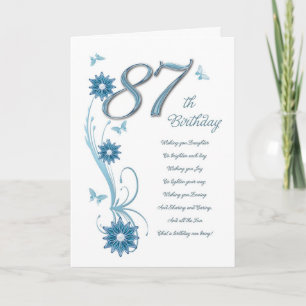Carte 87ème anniversaire en turquoise avec fleurs et pap