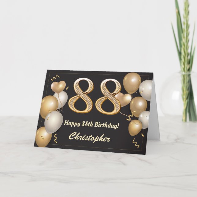 Carte 88e anniversaire Ballons noirs et or Anniversaire (Devant)