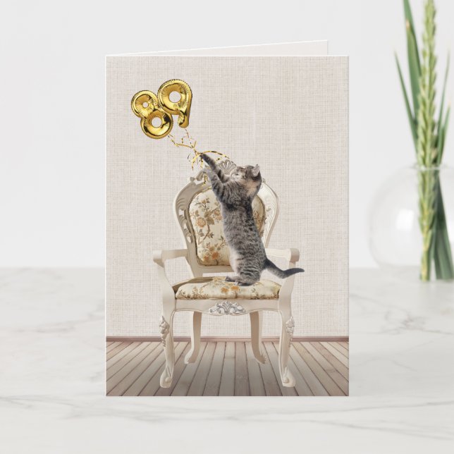 Carte 89e anniversaire Ballons et Tabby Cat (Devant)
