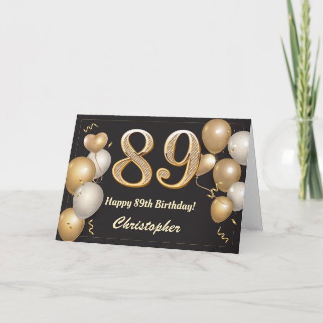 Carte 89e anniversaire Ballons noirs et or Anniversaire (Devant)