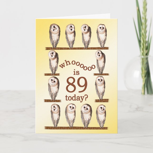 Carte 89e anniversaire, Curious owls card. (Devant)