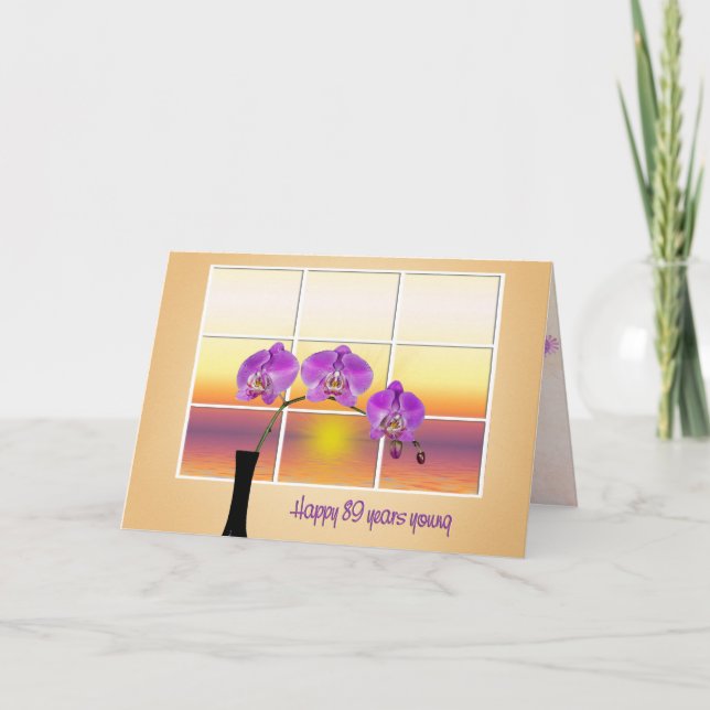 Carte 89e anniversaire Orchidées roses dans la fenêtre (Devant)