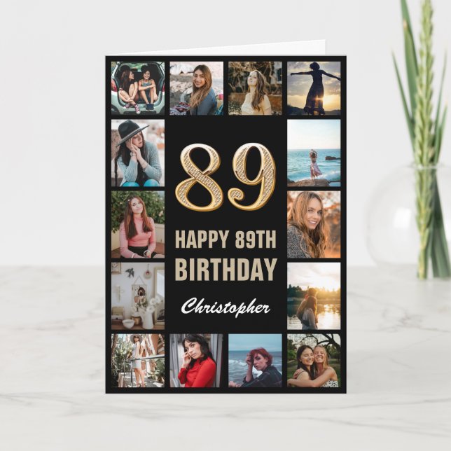 Carte 89e Joyeux Anniversaire Black and Gold Photo Colla (Devant)