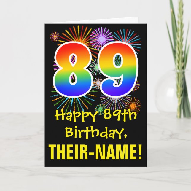 Carte 89ème anniversaire : Fun Fireworks Motif + Rainbow (Devant)
