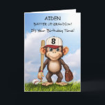 Carte 8 Anniversaire Grandson Personnaliser le singe de<br><div class="desc">Faites de votre petit-fils un personnage spécial pour le 8e anniversaire avec cette carte de baseball personnalisée ! Un singe amusant, avec une chauve-souris et un gant, est prêt pour le jeu contre un ciel bleu vif. Customisez le front avec son nom pour créer un souvenir unique qu’il aimera. Le...</div>