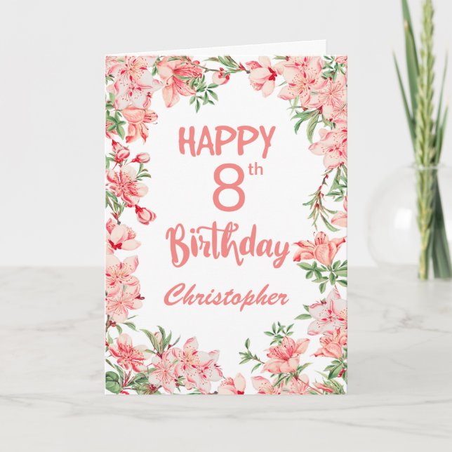 Carte 8 Anniversaire Peach Peonies Aquarelle Florale (Devant)