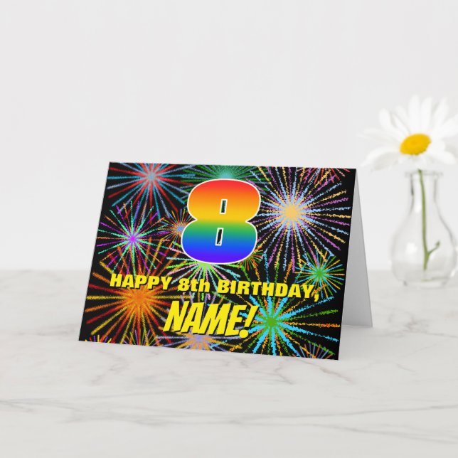 Carte 8e anniversaire : Amusants, Feu d'artifice coloré (Petite plante)