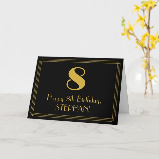 Carte 8e anniversaire : Art Déco Inspiré Look "8" + Nom (Fleur jaune)