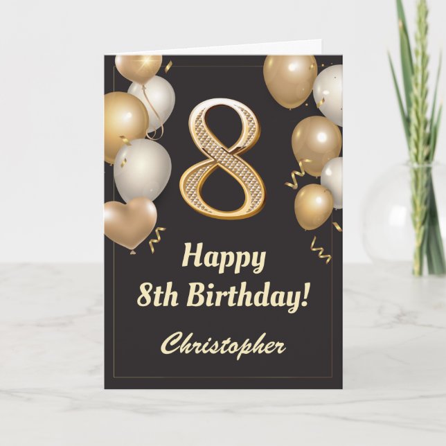 Carte 8e anniversaire Ballons Noir et Or Confetti (Devant)