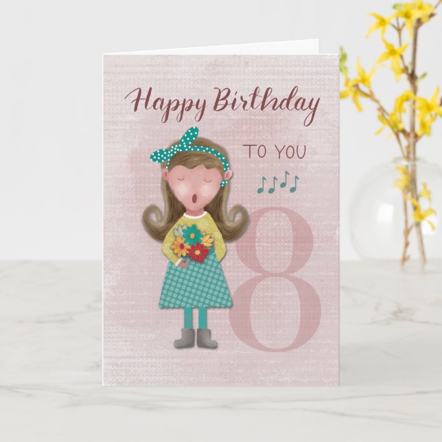 Carte 8e anniversaire fille chanter un joyeux anniversai (Fleur jaune)