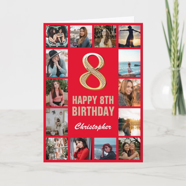 Carte 8e anniversaire heureux Collage photo rouge et or (Devant)
