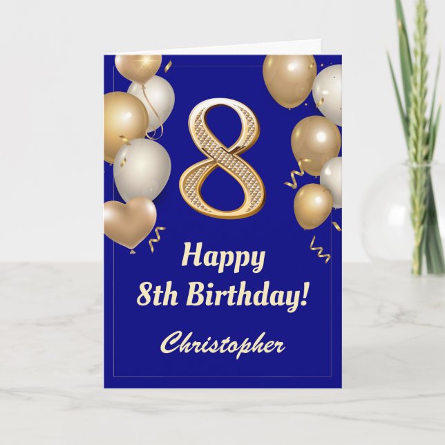 Carte 8e anniversaire Marine Bleu et Ballons d'or Confet (Devant)