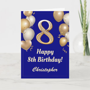 Carte 8e anniversaire Marine Bleu et Ballons d'or Confet