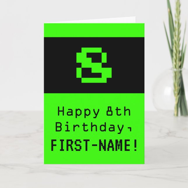 Carte 8e anniversaire : nom et "8" de style geek / nerd (Devant)