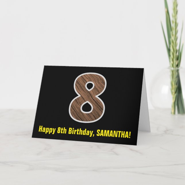 Carte 8e anniversaire : Nom + Faux Wood Grain Motif "8" (Devant)